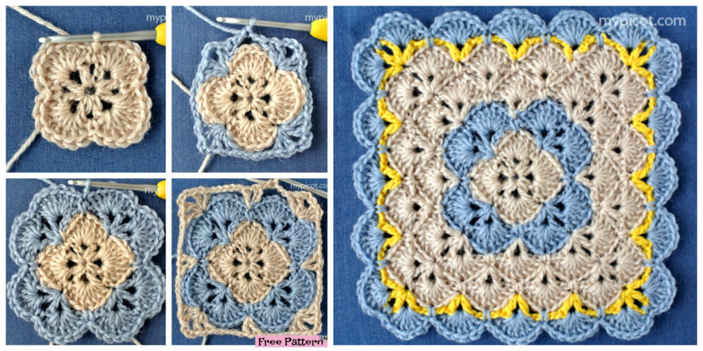 Crochet Shell Square Blanket Free Pattern DIY 4 EVER - Easy Crochet Square Blanket Patterns