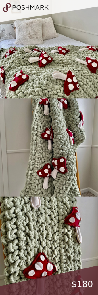 Handmade Mushroom Sage Crochet Chunky Knit Blanket Crochet Mushroom  - Mushroom Crochet Blanket Pattern Free